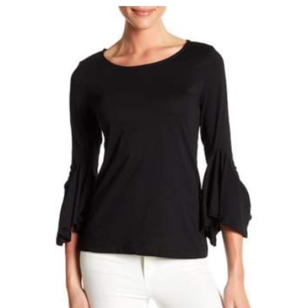 Boatneck 3/4 length ruffle sleeve top in black